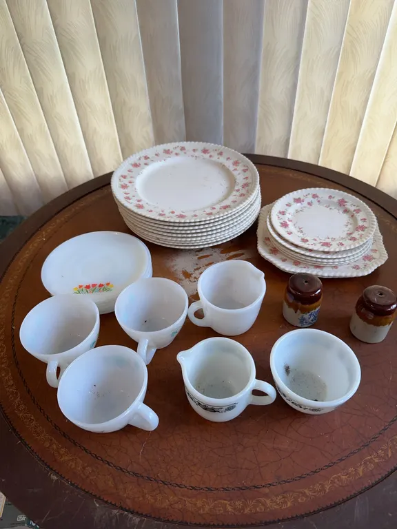Fire king plates, cups & old English dishes