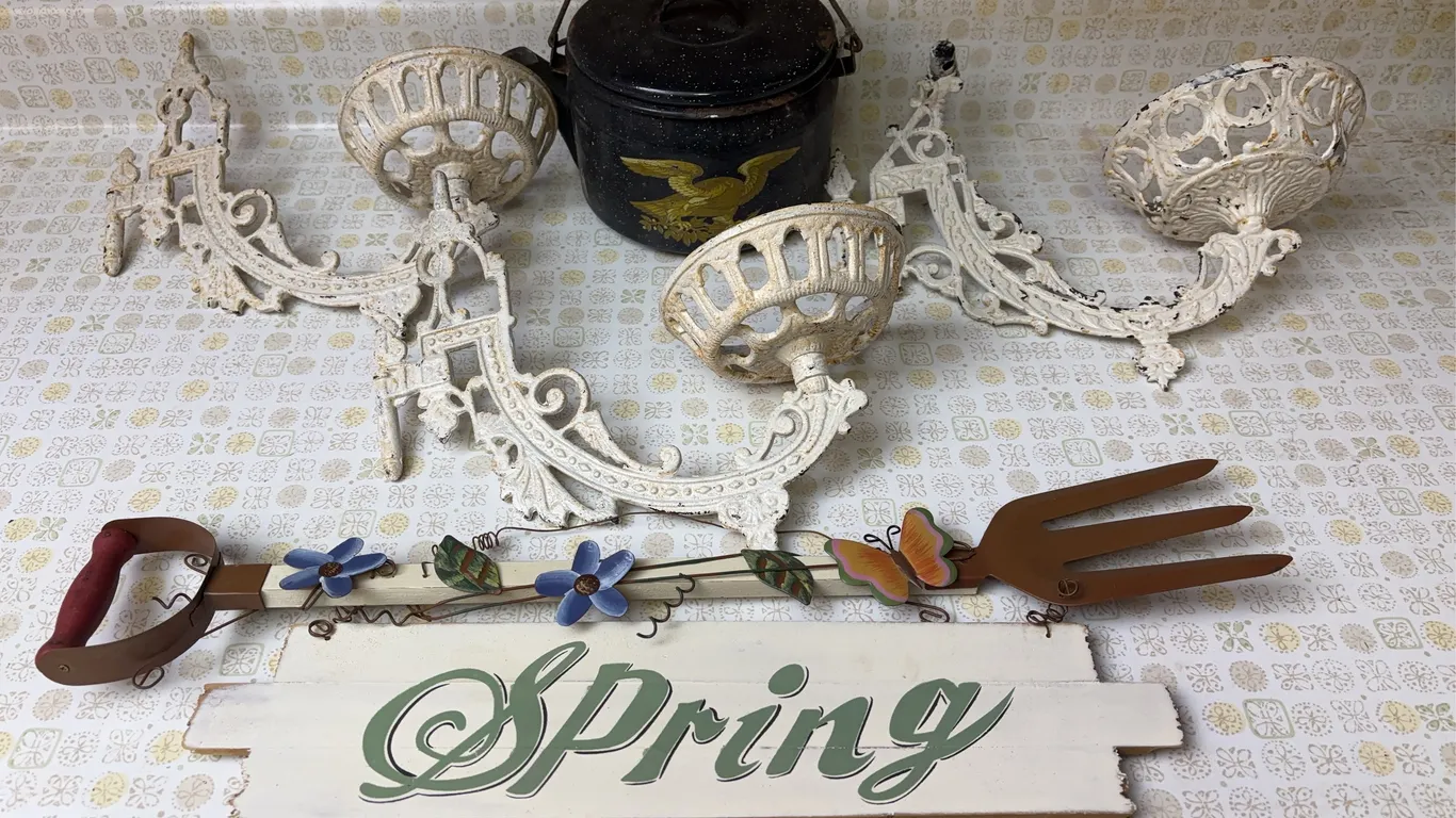 Cast iron oil lamp holders, tea kettle & more