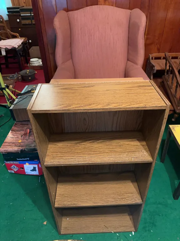 Upholstered chair (36.5�W x 29�L x 42.5�H) cabinet (12�W c 24�L x 29�H) bookshelf (8�W x 19�L x 35.5�H)