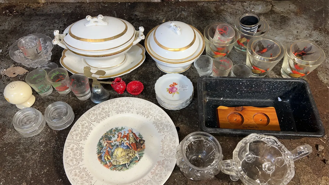 Granite bread pan, shot glasses & more