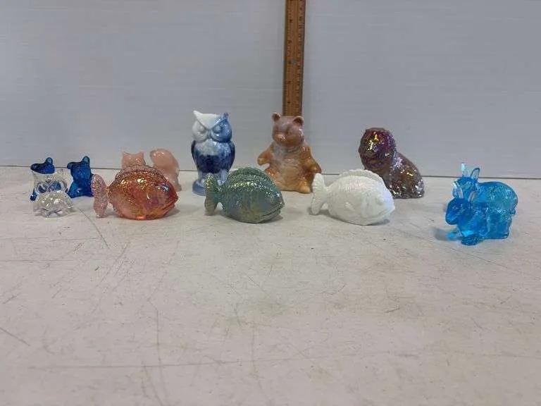 Mosser slag glass figurines, Carnival glass fish, misc figurines