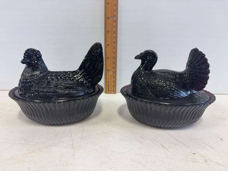(2) Boyd's glass hen & turkey on a nest