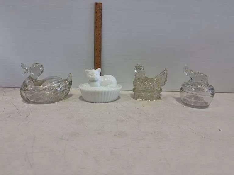 Westmoreland milk glass cat on a basket & misc