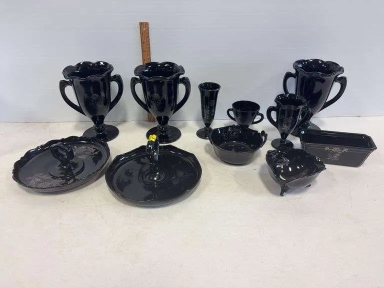 L. E. Smith Black glass trophy vases & various dishes