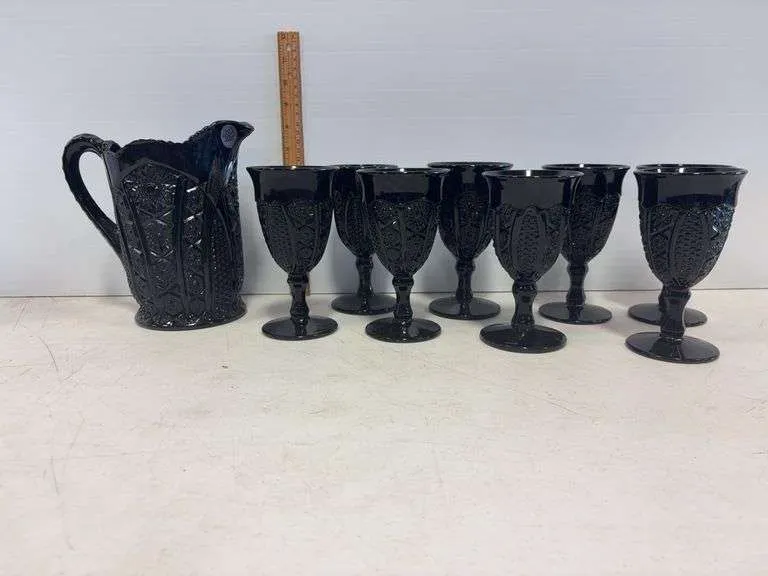 Black Tiara glass pitcher & goblets