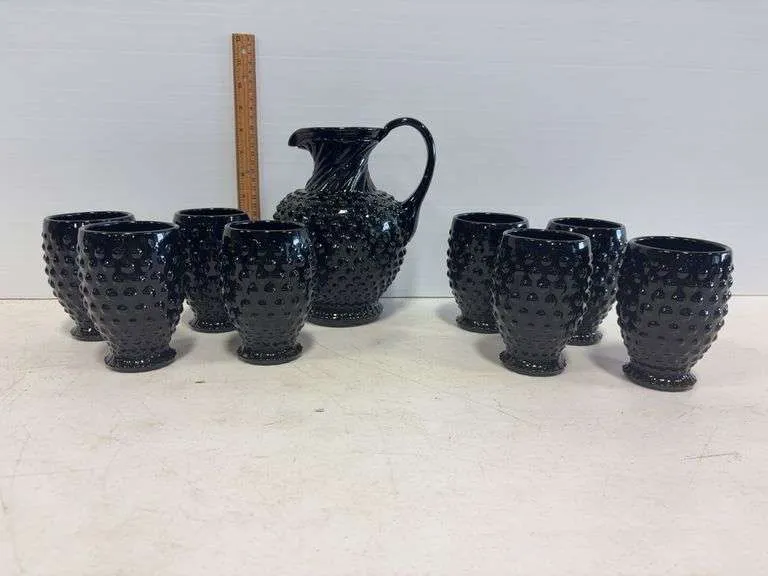 Black Tiara hobnail pitcher & (8) glasses