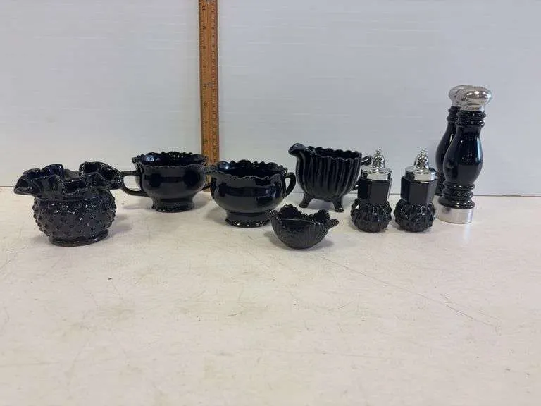 Black Tiara sugar & creamer, small vase, S&P & more