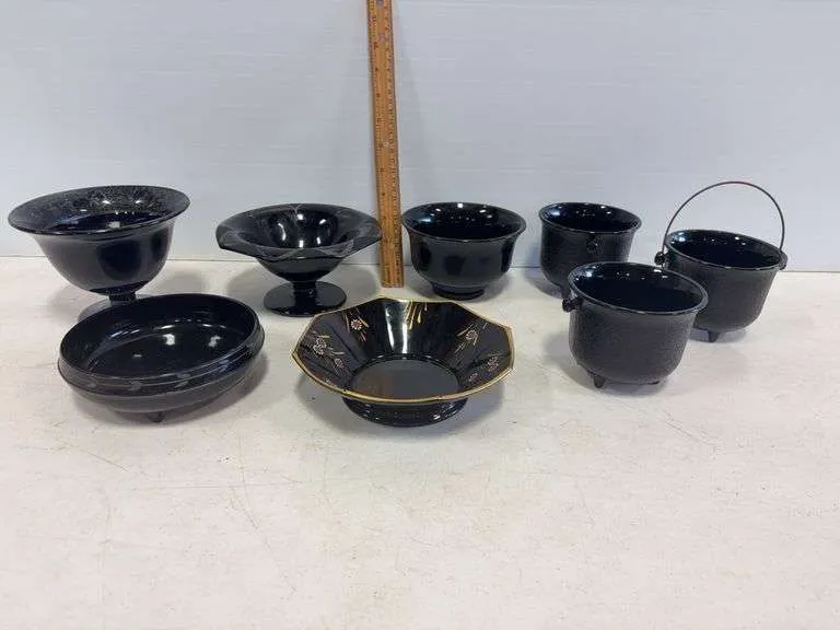 Assortment of black glass dishes- includes small pots, compote, bowl