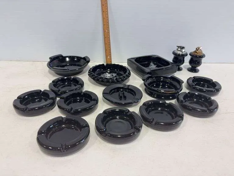 Black glass ashtrays & lighters