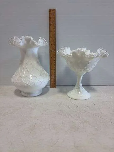 Fenton Silvercrest milk glass vase & compote