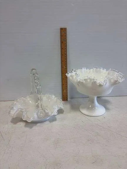 Fenton silvercrest milk glass compote & basket