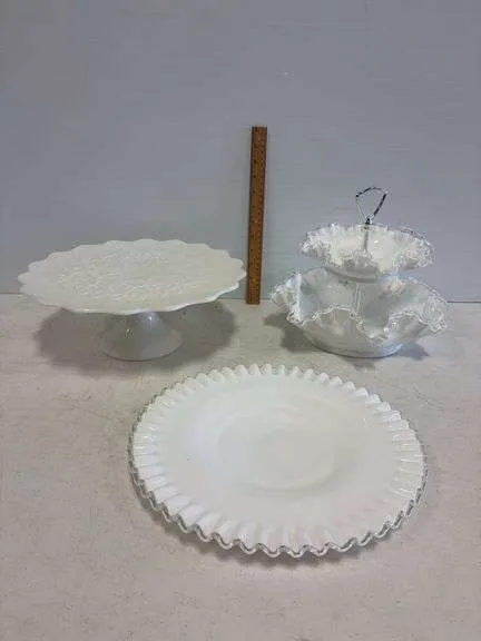 Silvercrest milk glass trays & cake stand