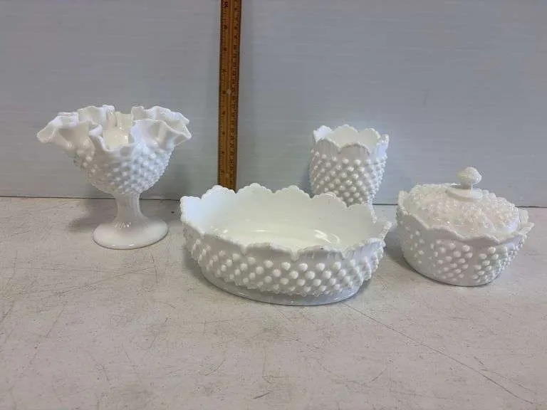 Fenton hobnail compote, covered dish, planter vase, & oval bowl