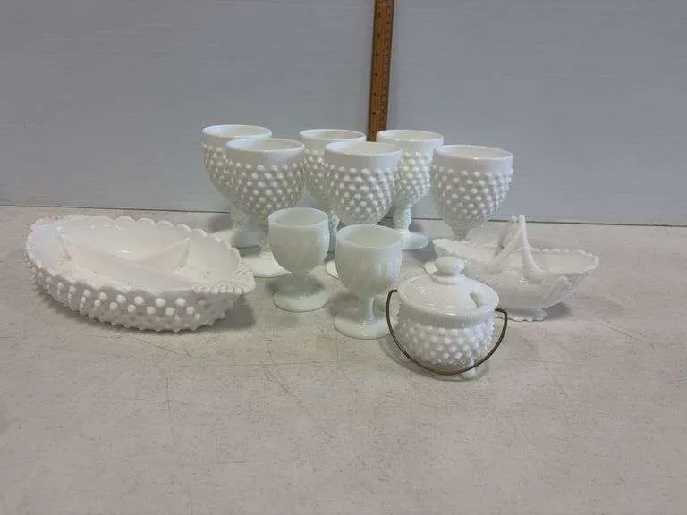 Fenton hobnail goblets, mustard kettle, & misc