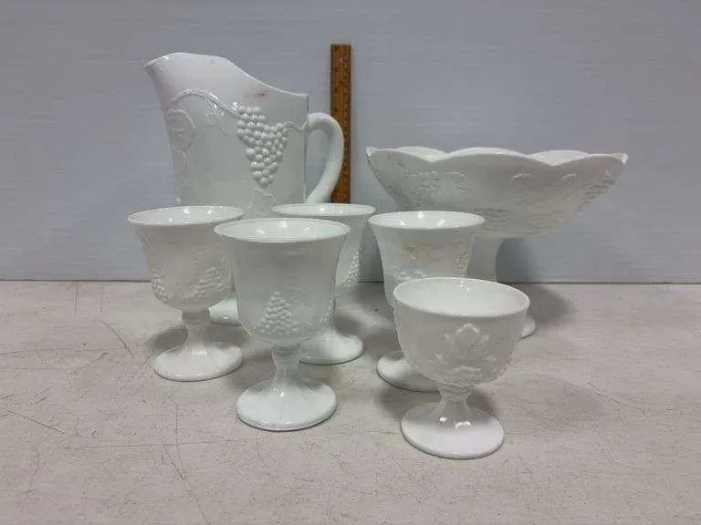 Milk glass pitcher, goblets, & compote