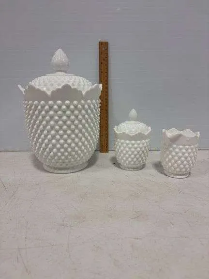 Fenton hobnail large scalloped edge canister, sugar & creamer