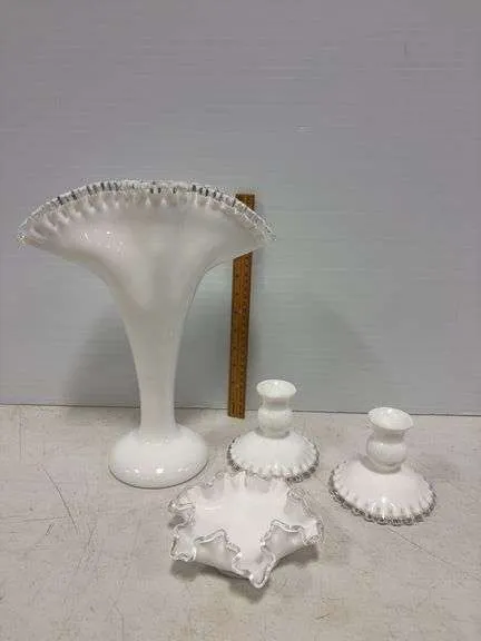 Fenton silvercrest fan vase, candle holders, dish