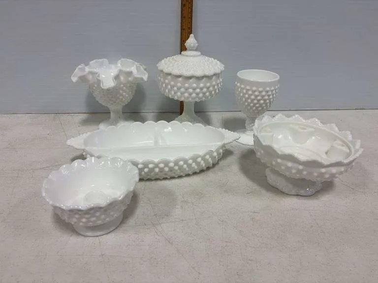 Fenton hobnail covered dish, compote, goblet, candle holders