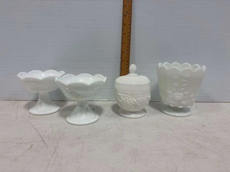 Milk glass grape dishes & candle holders