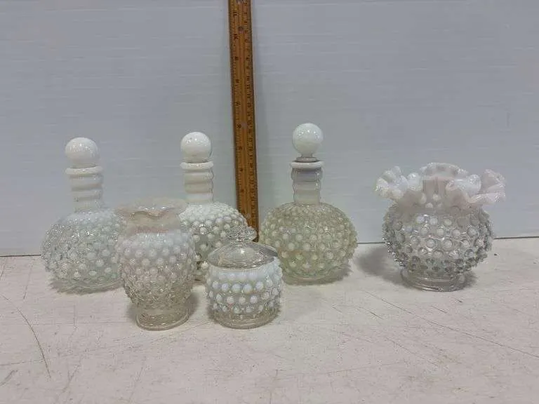 Fenton hobnail opalescent perfume bottles, small vases, jam pot