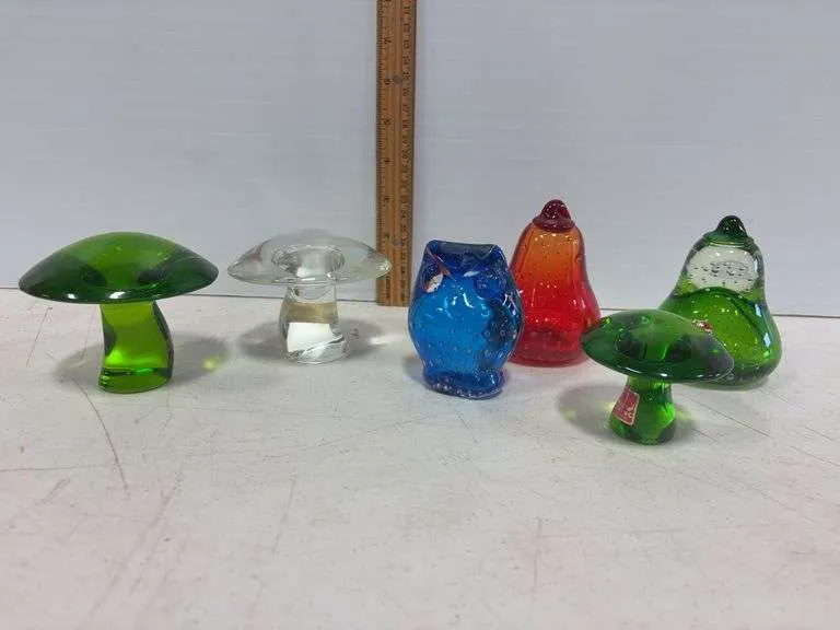 Viking mushroom, owl, pears, paper weights