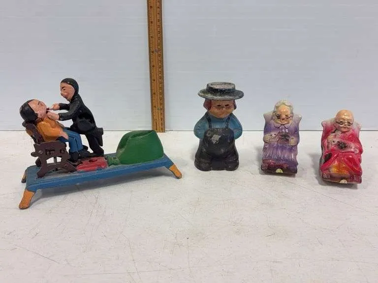 Cast iron dentist tooth pulling, amish boy, grandma & grandma coin banks
