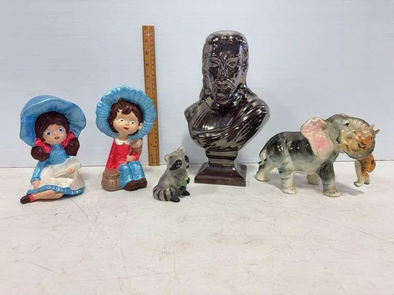 Vintage boy & girl, Jesus bust & animal figurines