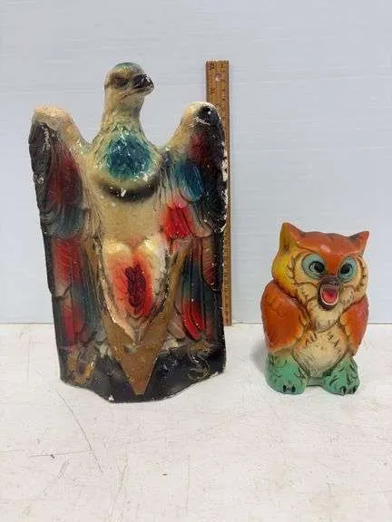 Vintage chalkware bald eagle & owl coin bank