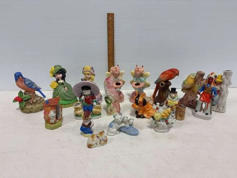 Assortment of figurines- includes Bisque, ceramic fairy candle holders