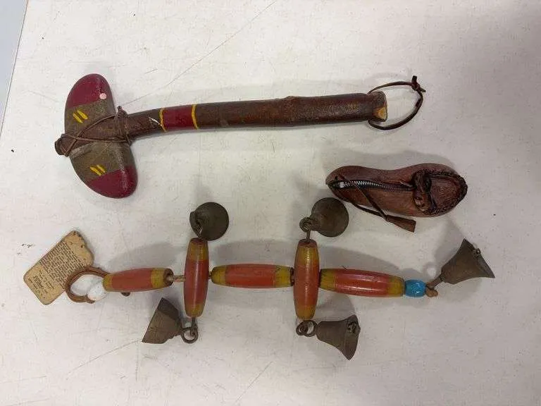 Native American stone head axe, moccasins & vintage wind bells