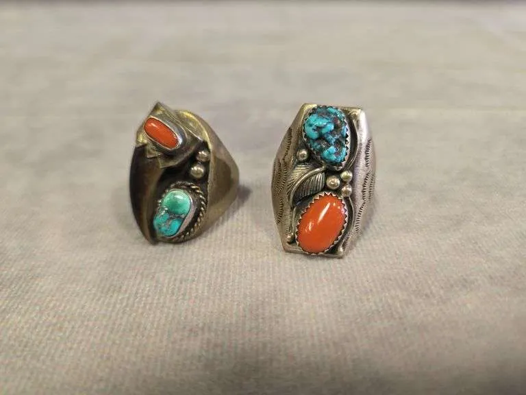(2) Vintage turquoise & coral red rings