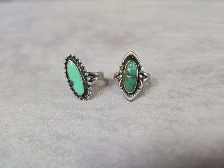 (2) green turquoise rings- marked Sterling
