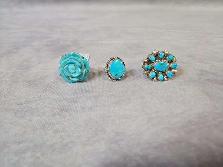 (3) Turquoise rings- Rose marked 925