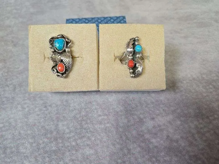 (2) Vintage turquoise coral rings