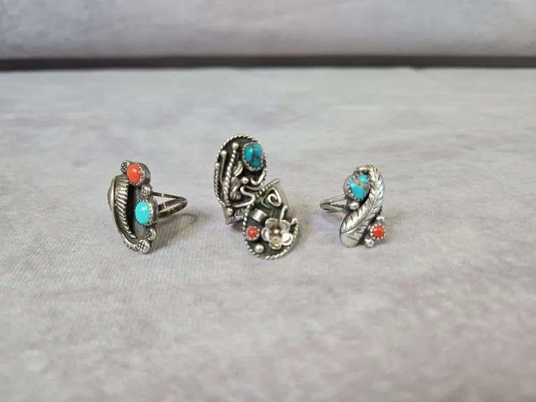 (3) Vintage turquoise coral rings