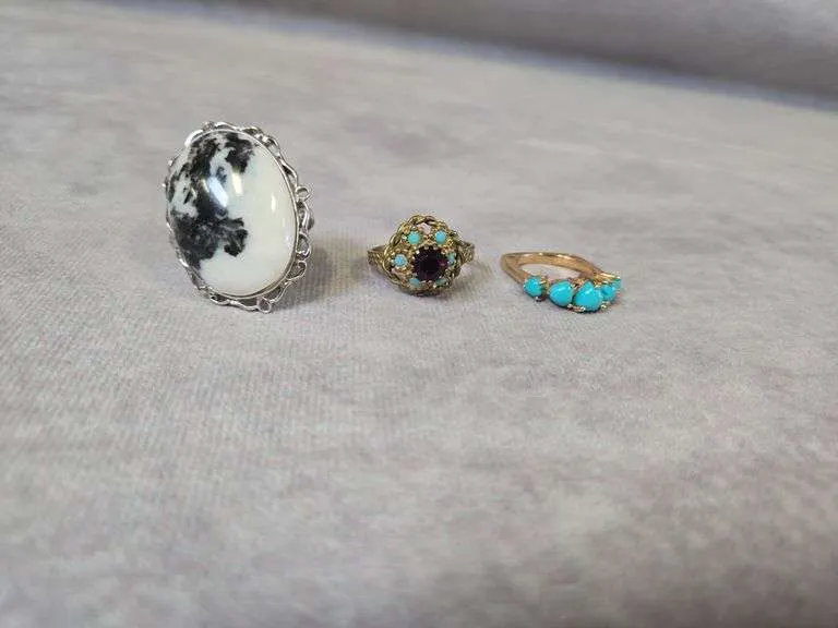 (3) vintage rings- (1) marked 925 (1) marked W. Germany, large oval stone is loose