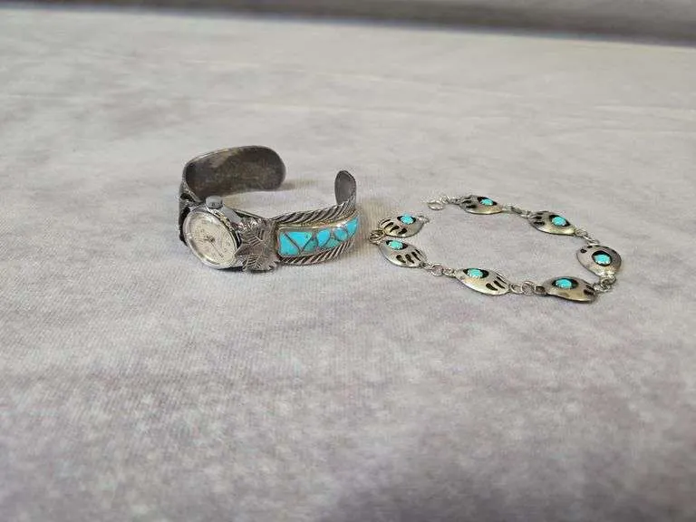 Vintage turquoise bracelet & watch cuff- bracelet marked Sterling