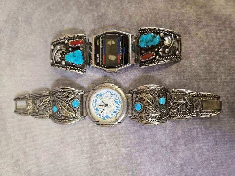 (2) vintage watches- turquoise & coral marked Sterling