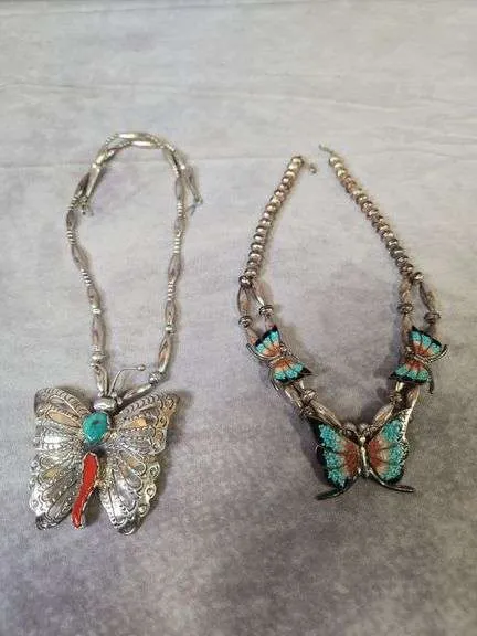 (2) turquoise & coral butterfly necklaces- (1) marked Sterling