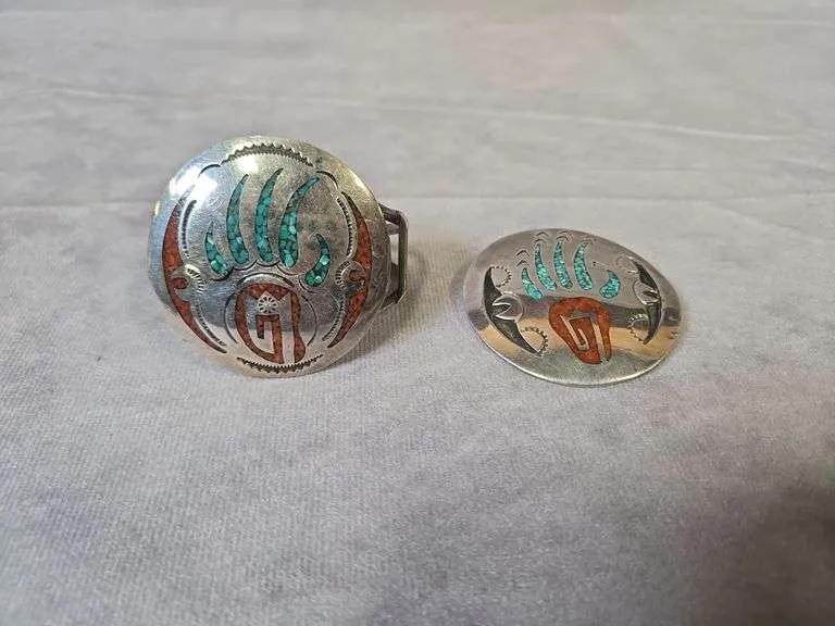 Vintage turquoise & coral bracelet & pin