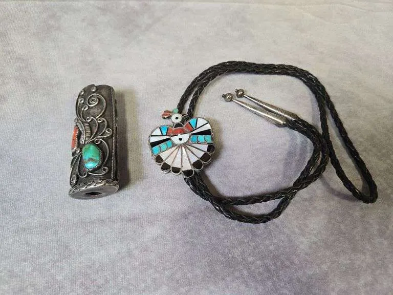 Vintage turquoise & coral lighter case & bolo tie