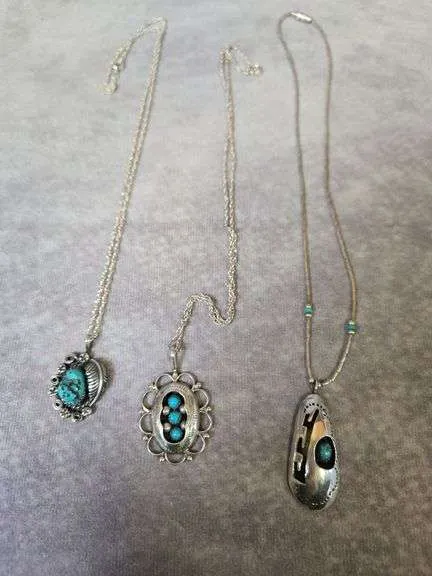 (3) turquoise pendant necklaces- (1) chain marked Sterling