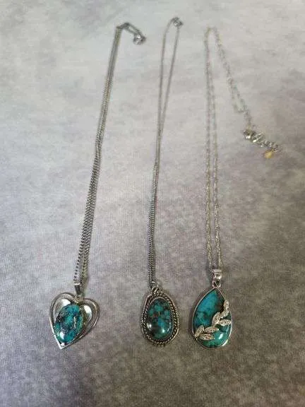 (3) turquoise pendant necklaces- (1) chain marked 925