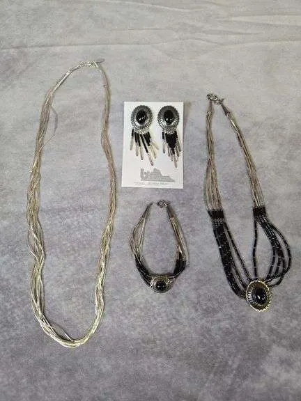 Multi strand necklaces, bracelet, & earrings- marked Sterling