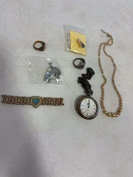 Nike/Swiss Army pocket watch, necklaces marked 10kt, rings, misc