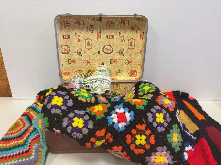 Vintage suitcase w/ Afghans & misc