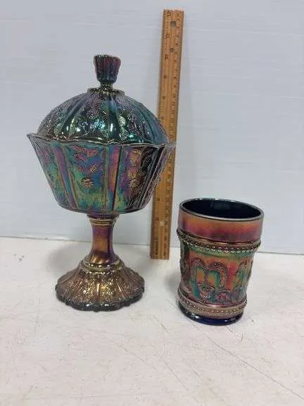 Fenton carnival footed candy dish & glass