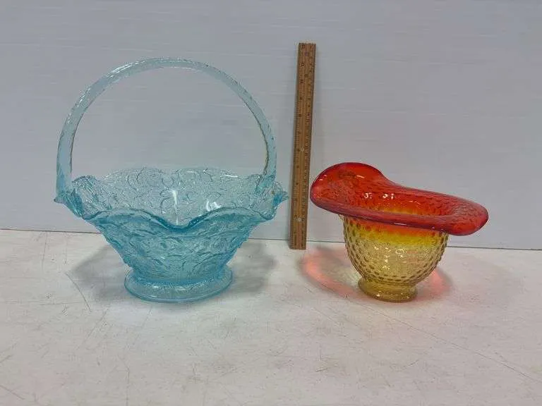 Aqua art basket & hobnail pitcher vase- possibly Fenton