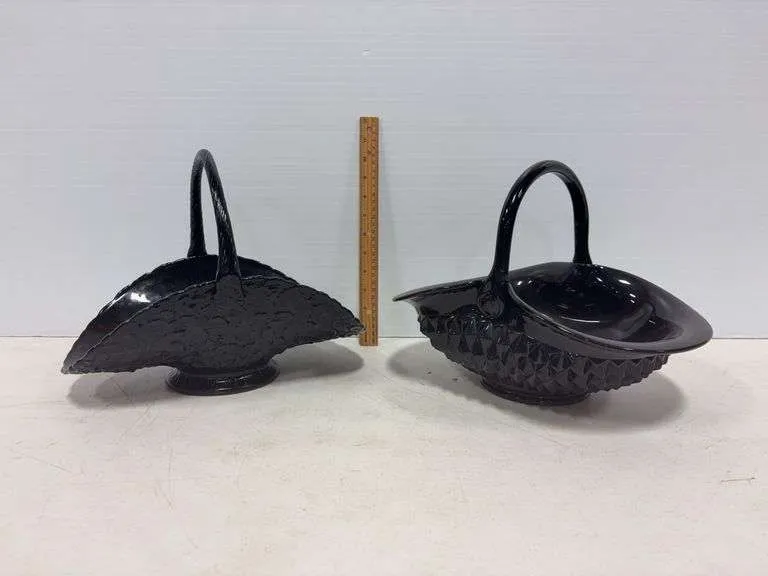 (2) Black glass basket- possibly Indiana