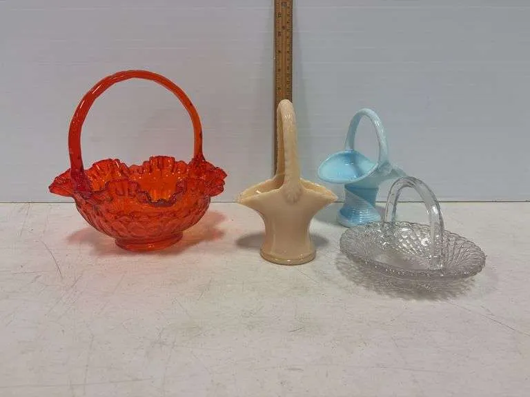Fenton, Westmoreland & other baskets- crystal handle is broken